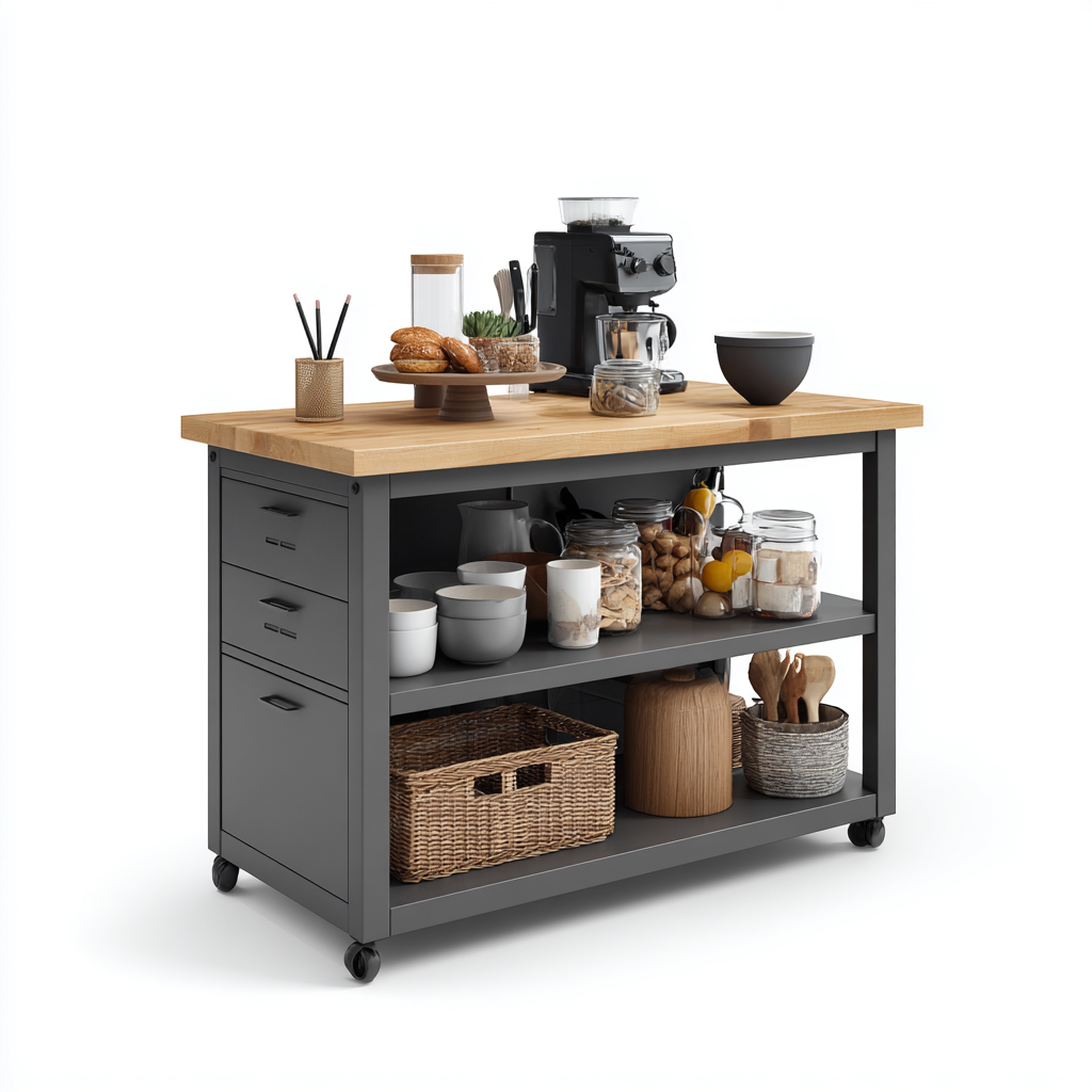 Kücheninsel - Metall-Holz - 120x65x90 cm - Dunkelgrau-Natur - Modernes Design-Homiupnest