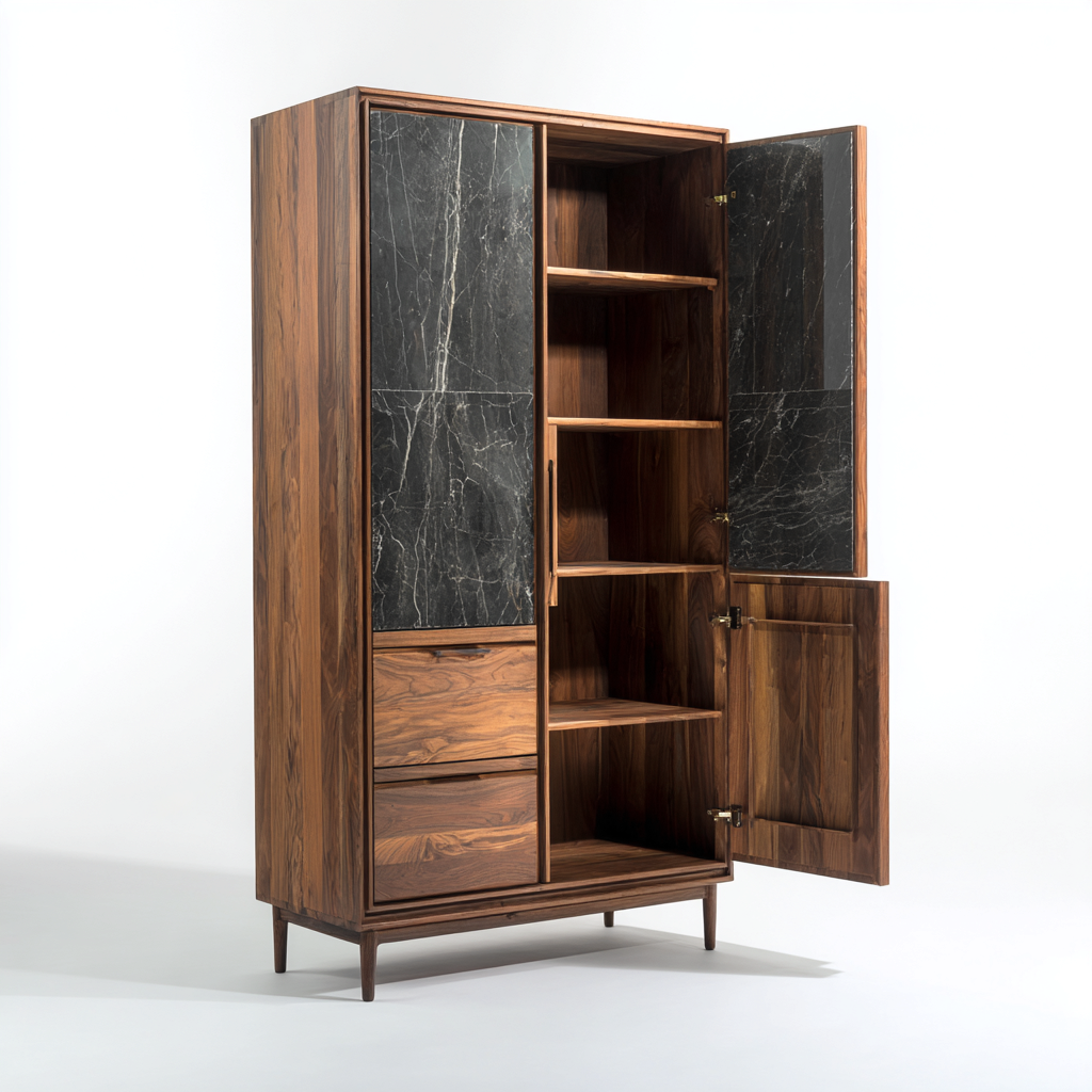 Küchenschrank - Massivholz - Marmor - 95x45x185 cm - Dunkelbraun-Schwarz - modernes Design-Homiupnest