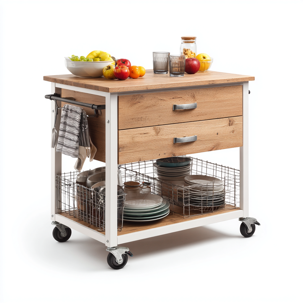 Kücheninsel - Metall-Holz - 95x55x90 cm - Weiß-Natur - Modernes Design-Homiupnest