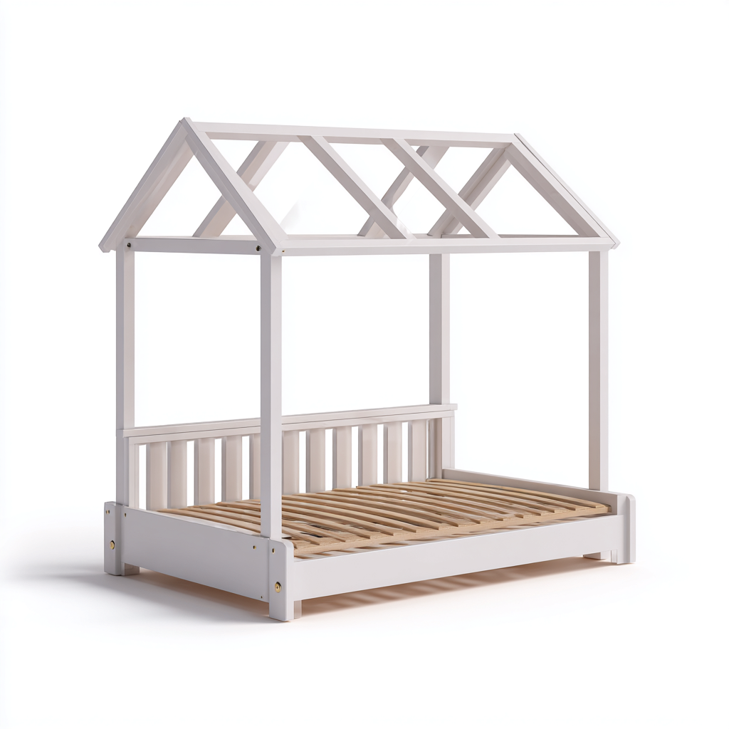 Kinderbett - Massivholz - 160x80x150 cm - Weiß - Hausbett Design-Homiupnest