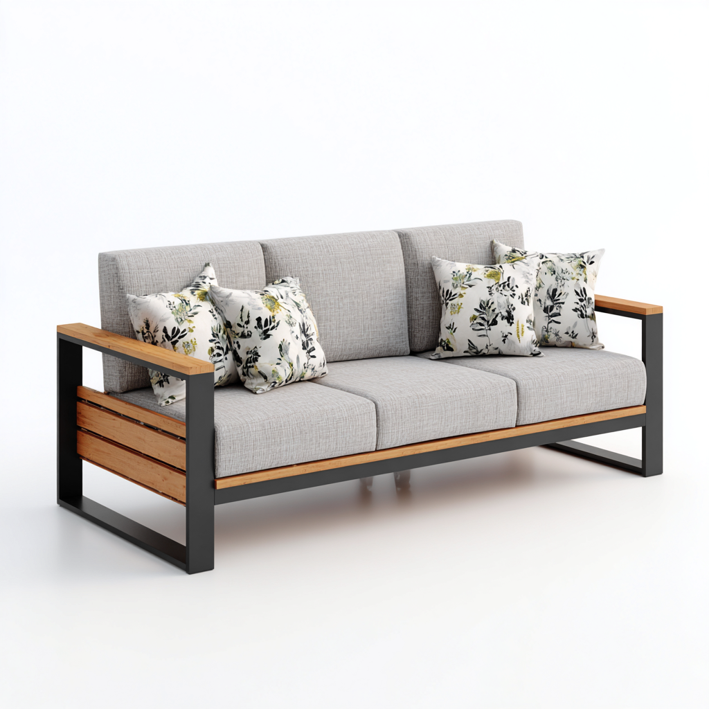 Gartensofa-Metall-Holz-210x78x82 cm-Hellgrau-Schwarz-Natur-Modernes Design-Homiupnest