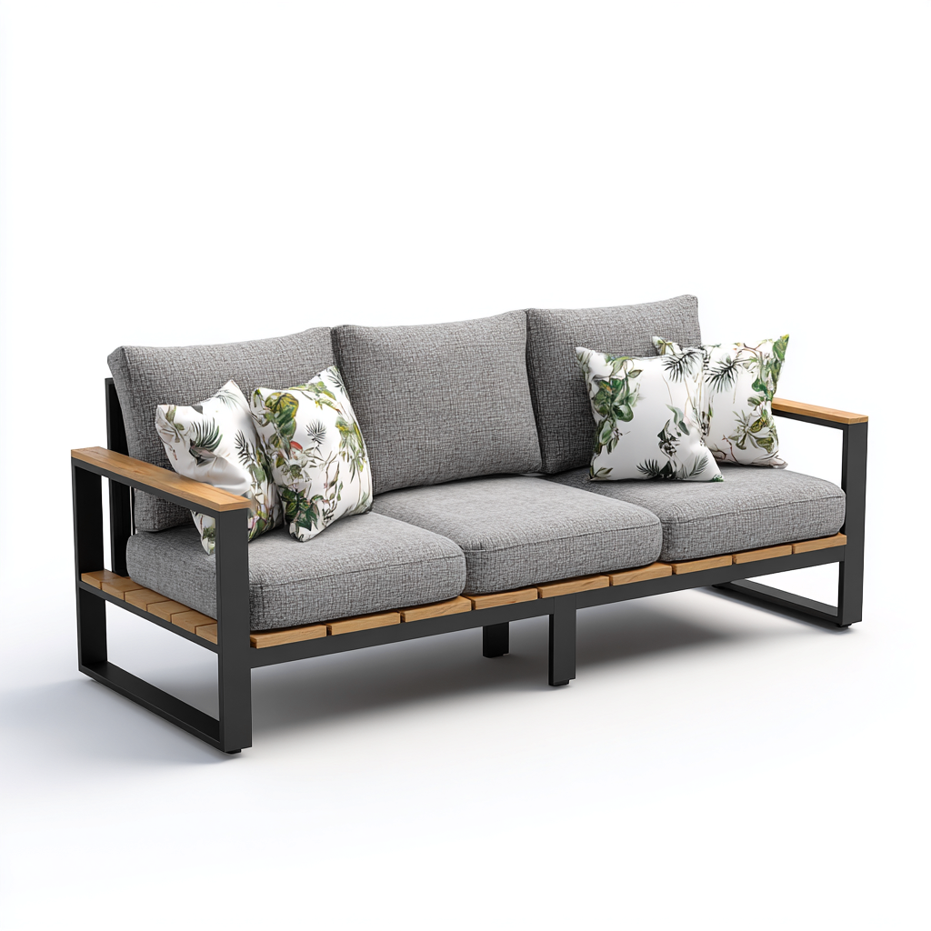 Gartensofa-Metall-Holz-Textil-195x80x82 cm-Schwarz-Natur-Grau-Modernes Design-Homiupnest