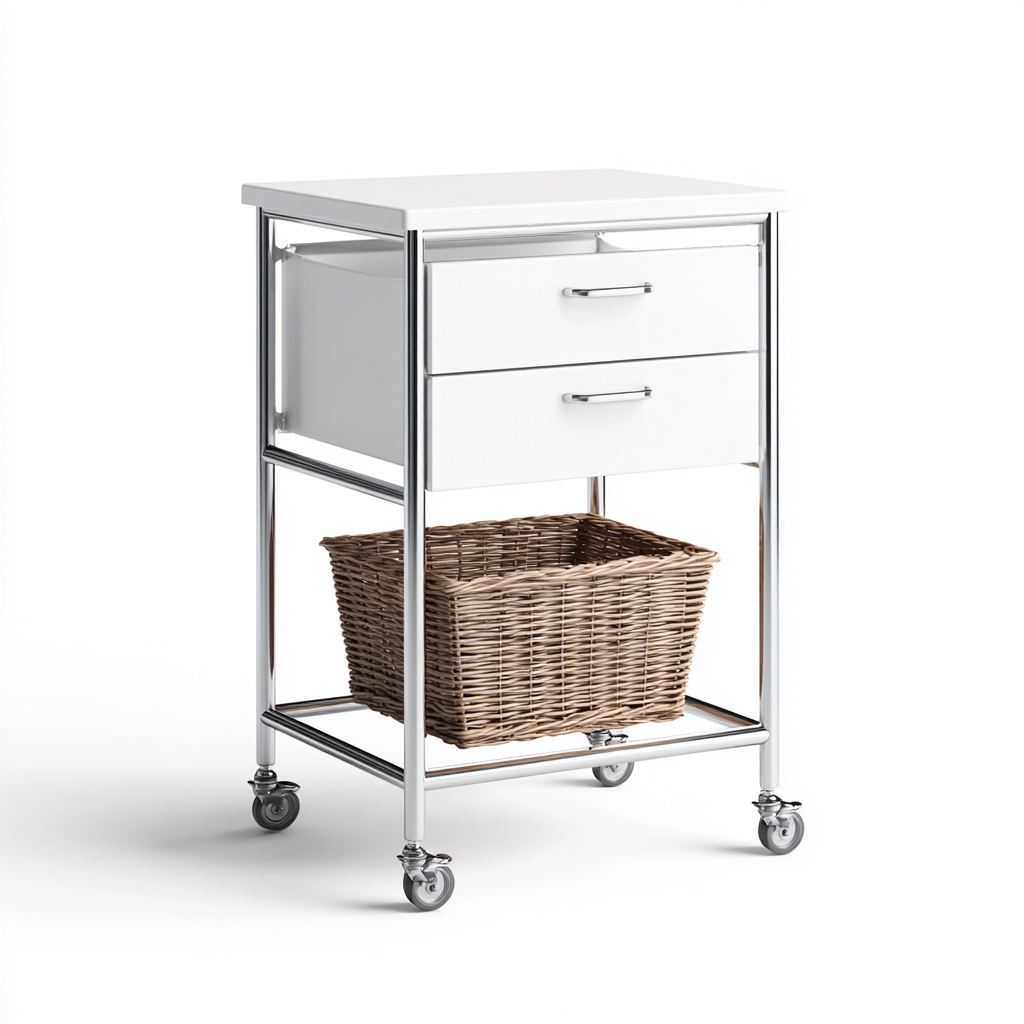 Küchenwagen-Holzwerkstoff-Metall-Rattan-58x42x86cm-Weiß-Natur-Weboptik-ModernesDesign-Homiupnest