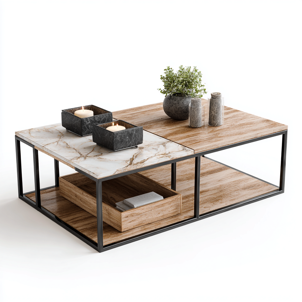 Couchtisch Metall-Holz-Marmor 120x70x42 cm - Schwarz-Natur-Weiß - Modernes Design-Homiupnest