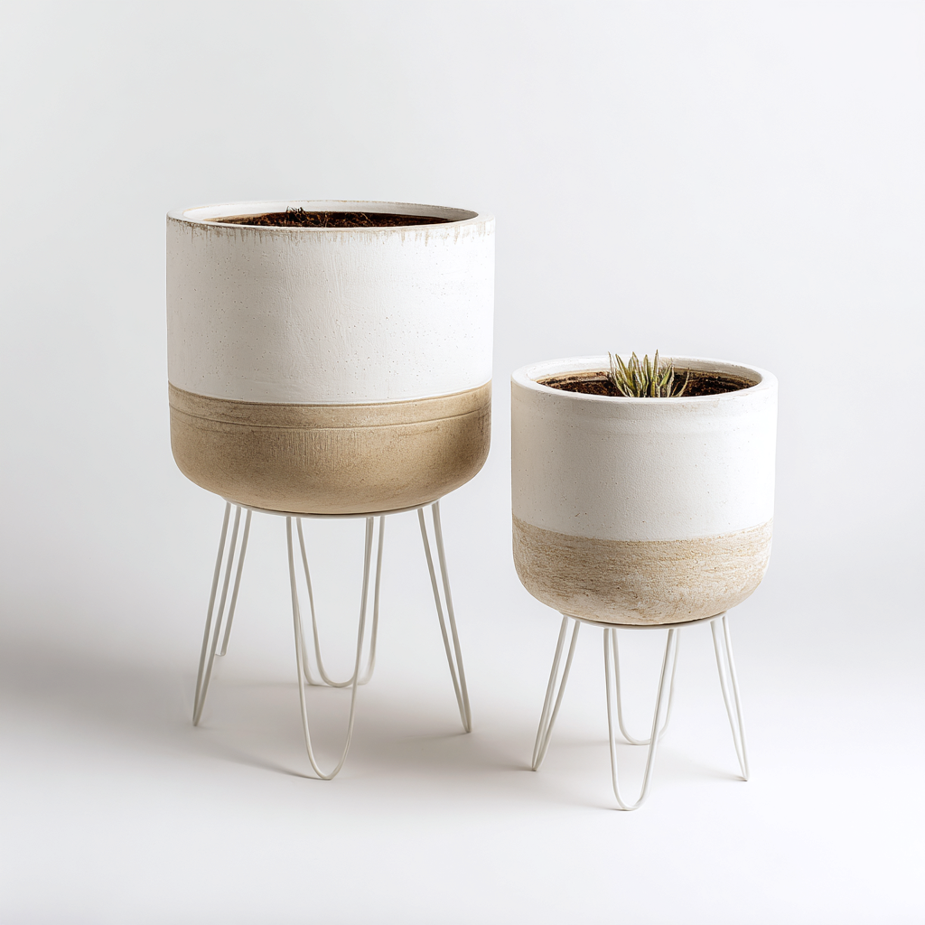 Pflanzgefäß - Keramik-Metall - 30x30x55 cm - 24x24x45 cm - Weiß-Beige - Modernes Design-Homiupnest