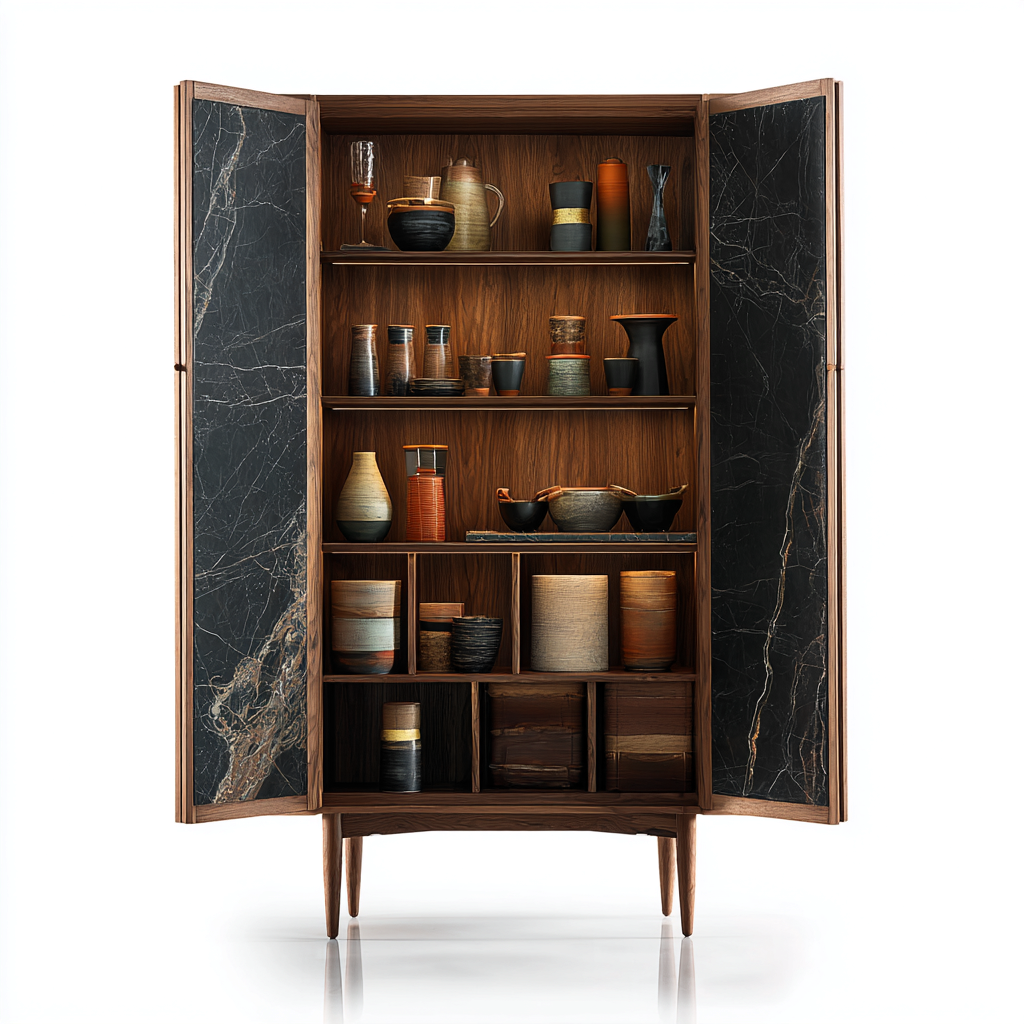 Küchenschrank - Massivholz - Marmor - 95x45x185 cm - Dunkelbraun-Schwarz - modernes Design-Homiupnest