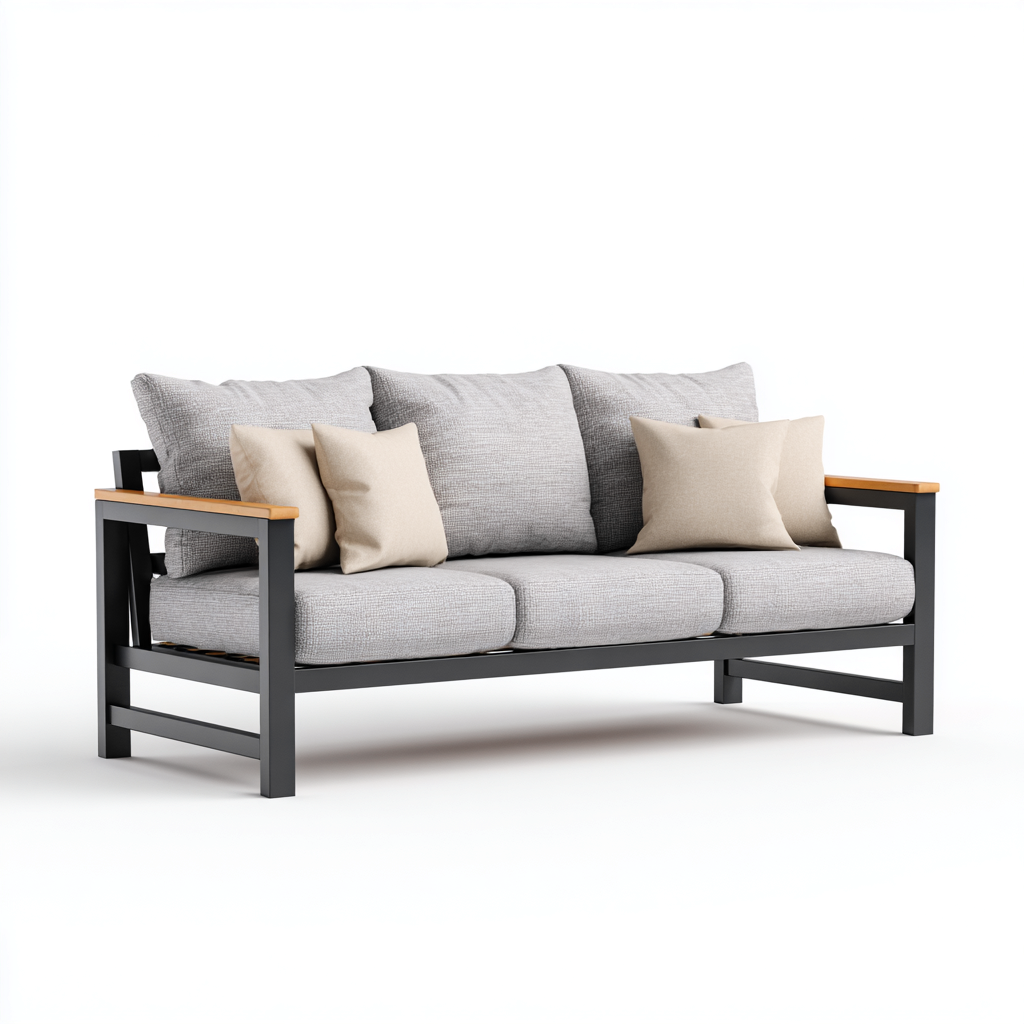 Gartensofa-Metall-Holz-Stoff-207x75x84 cm-Hellgrau-Schwarz-Natur-Modernes Design-Homiupnest