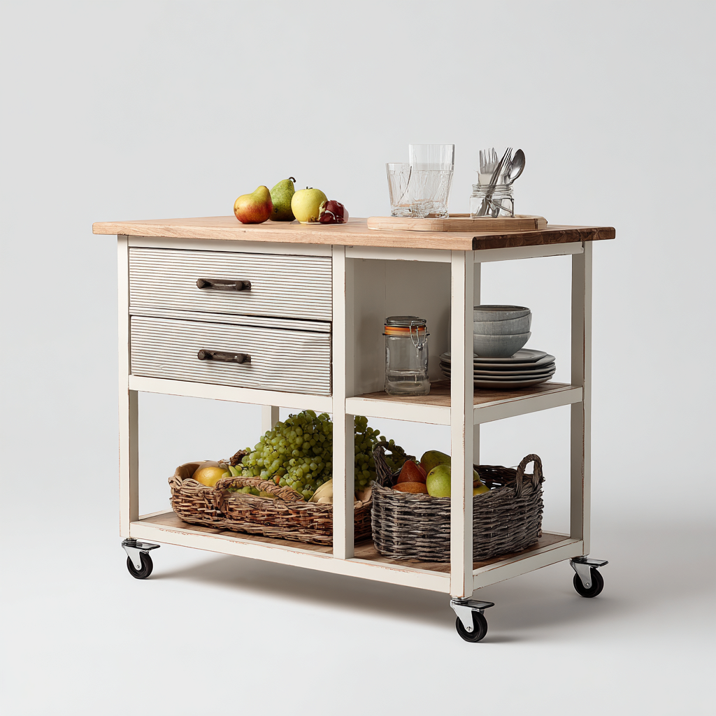 Kücheninsel - Metall-Holz - 100x55x90 cm - Weiß-Natur - Modernes Design-Homiupnest