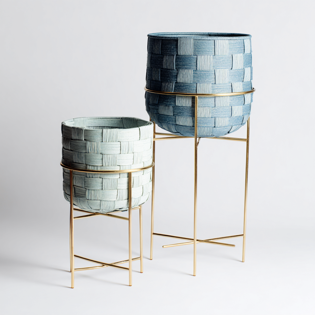 Pflanzgefäß - Metall-Kunstfaser - 32x32x70 cm - 26x26x55 cm - Blau-Gold - moderner Stil-Homiupnest