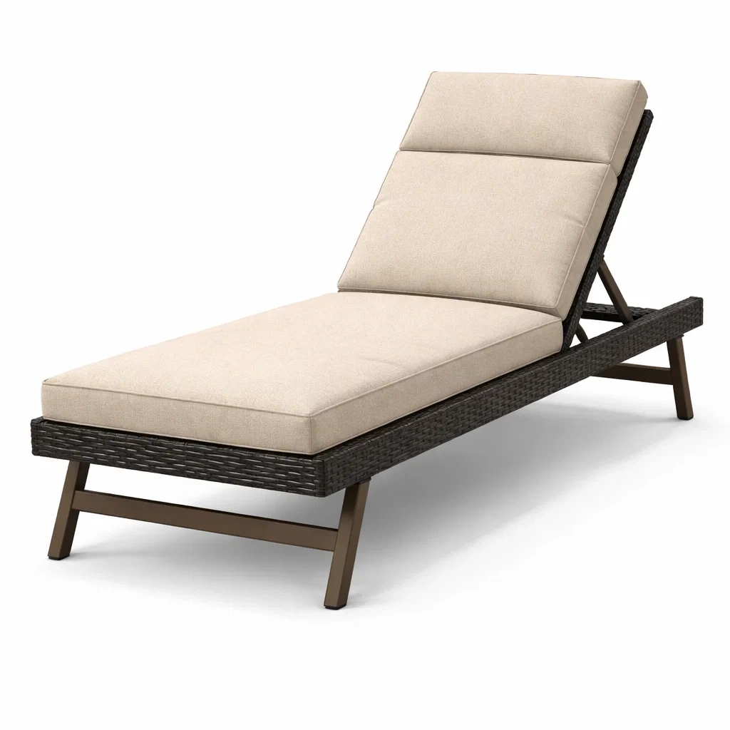 Chaise longue en rotin synthétique brun avec coussins beige réglable-WARMDECORLIVING