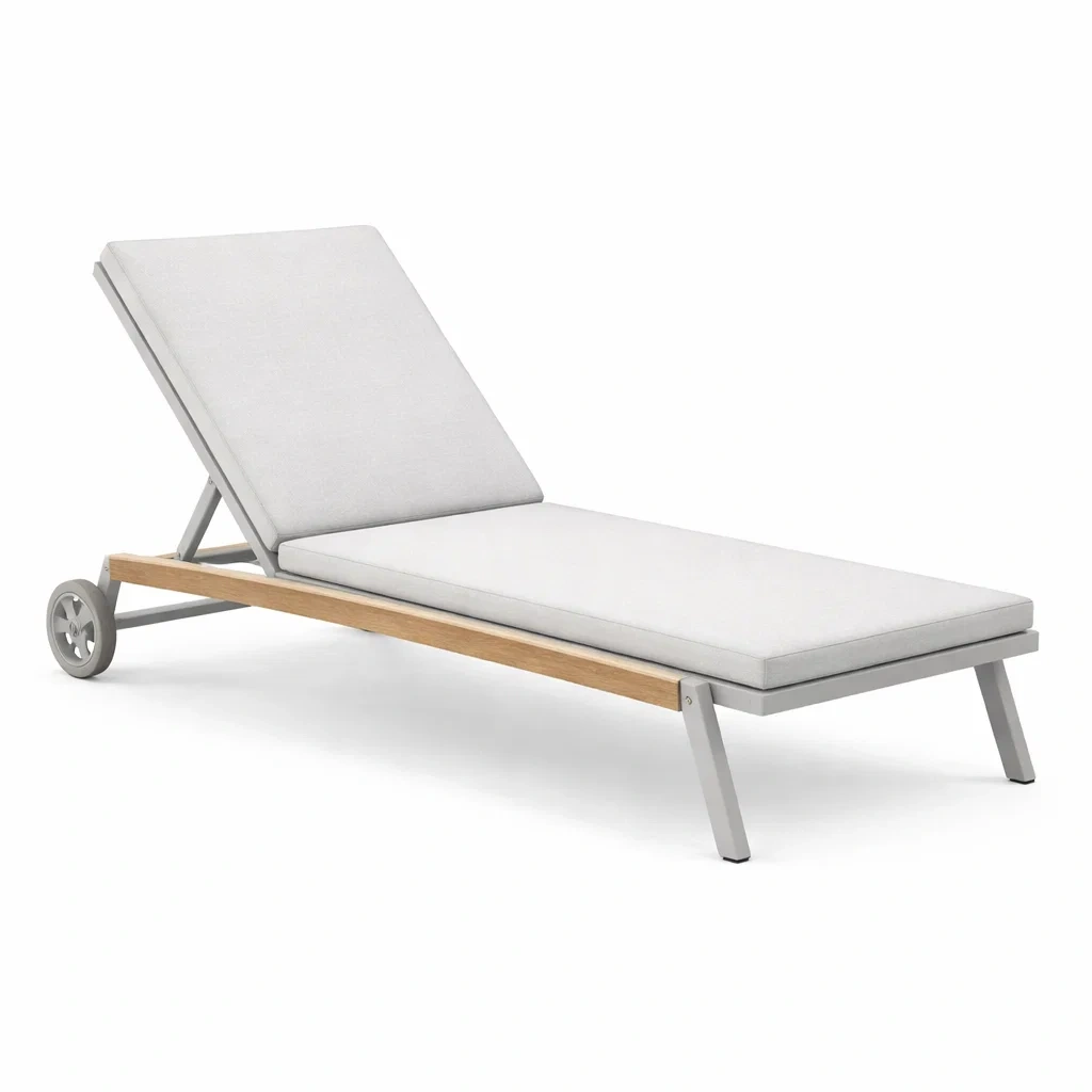 Chaise longue en aluminium et teck avec coussin gris-WARMDECORLIVING