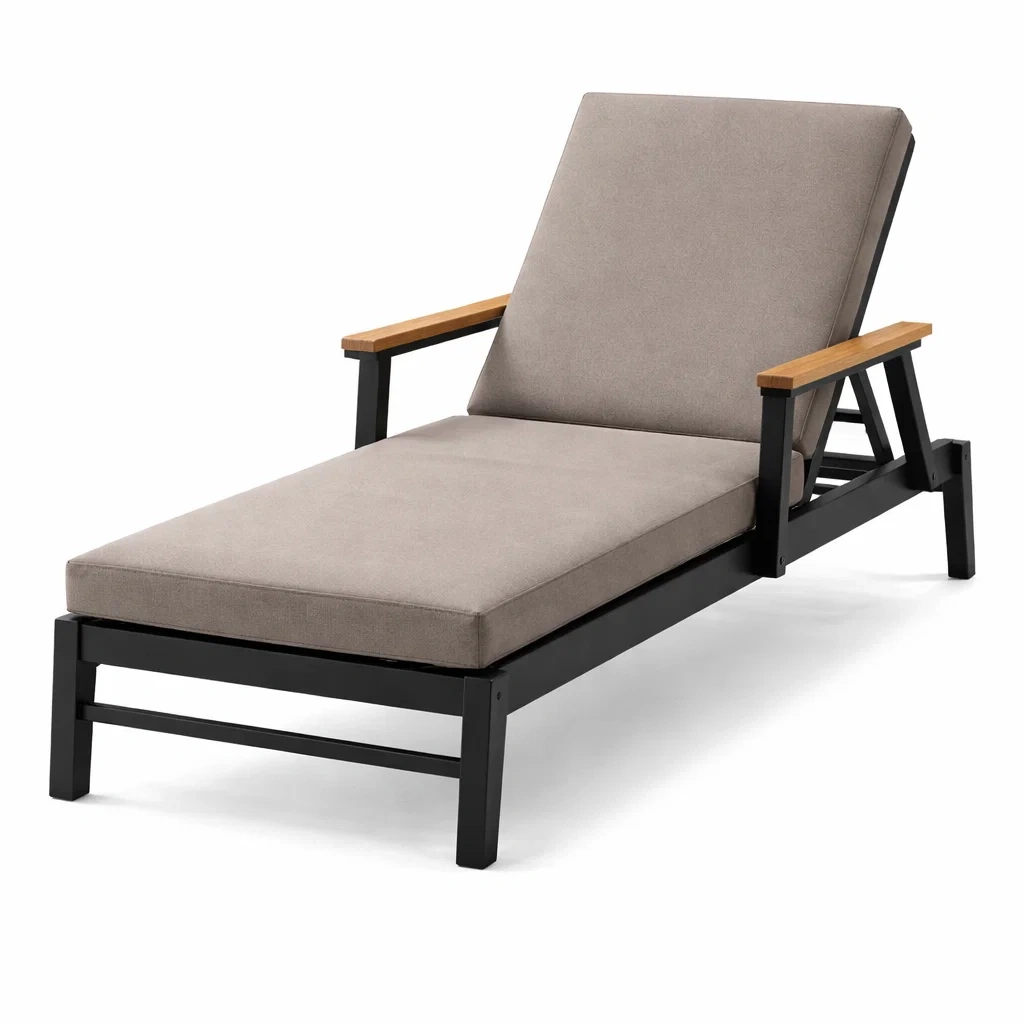 Chaise longue extérieure réglable en aluminium et teck avec coussin beige-WARMDECORLIVING