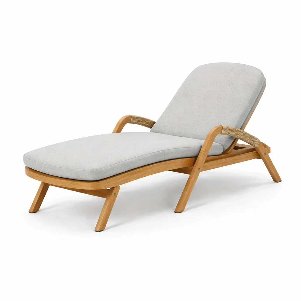 Chaise longue en bois d'acacia avec coussin en polyester gris-WARMDECORLIVING