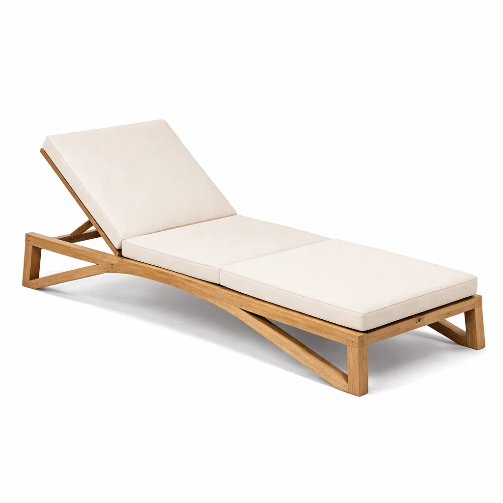 Chaise longue en bois de teck avec coussin beige réglable-WARMDECORLIVING