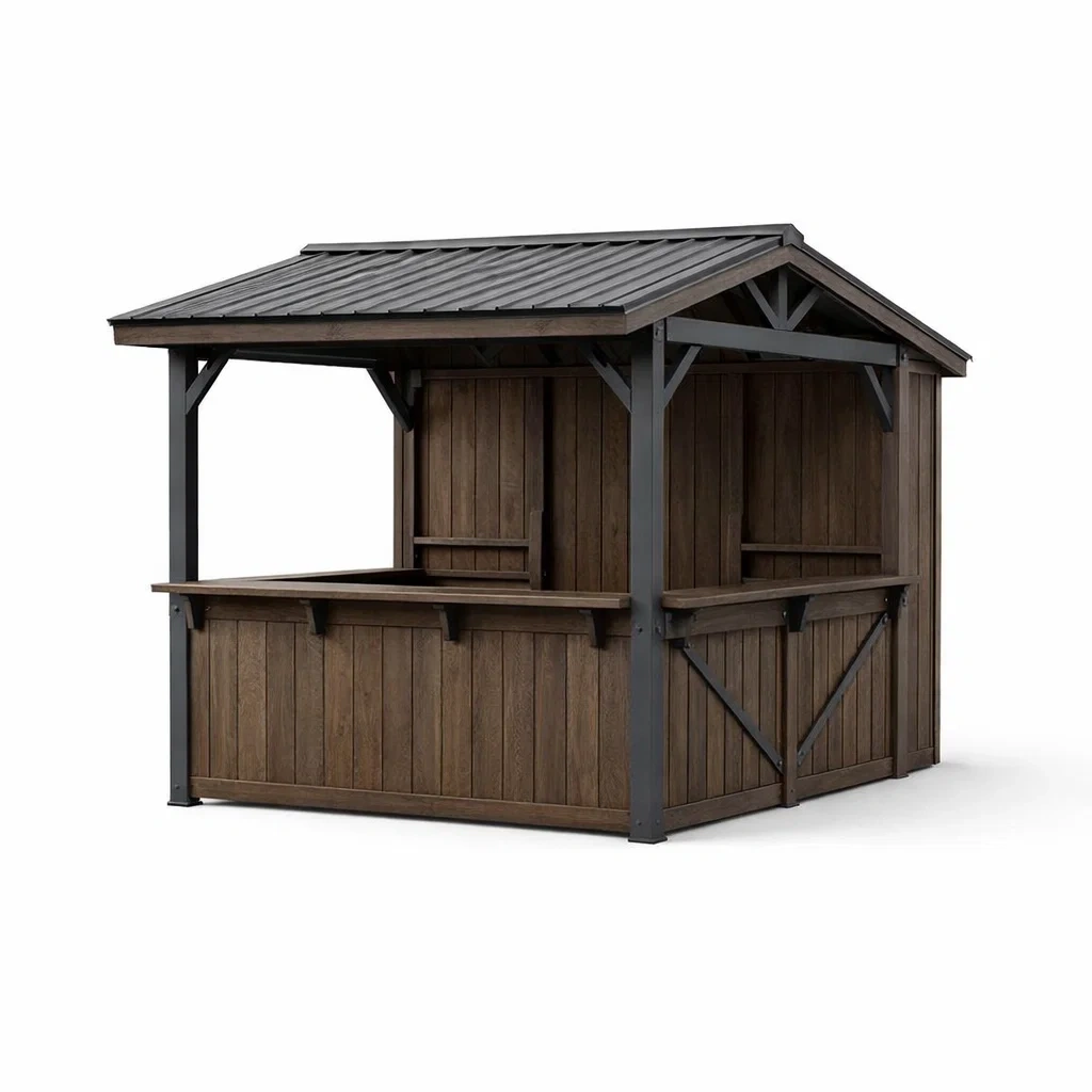 Kiosque bar de jardin en bois de chêne et métal noir-WARMDECORLIVING