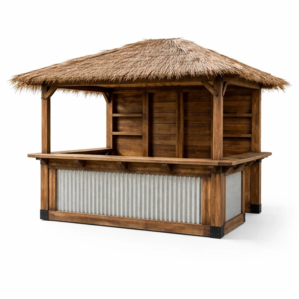 Kiosque bar de jardin en bois et métal avec toiture en paille-WARMDECORLIVING