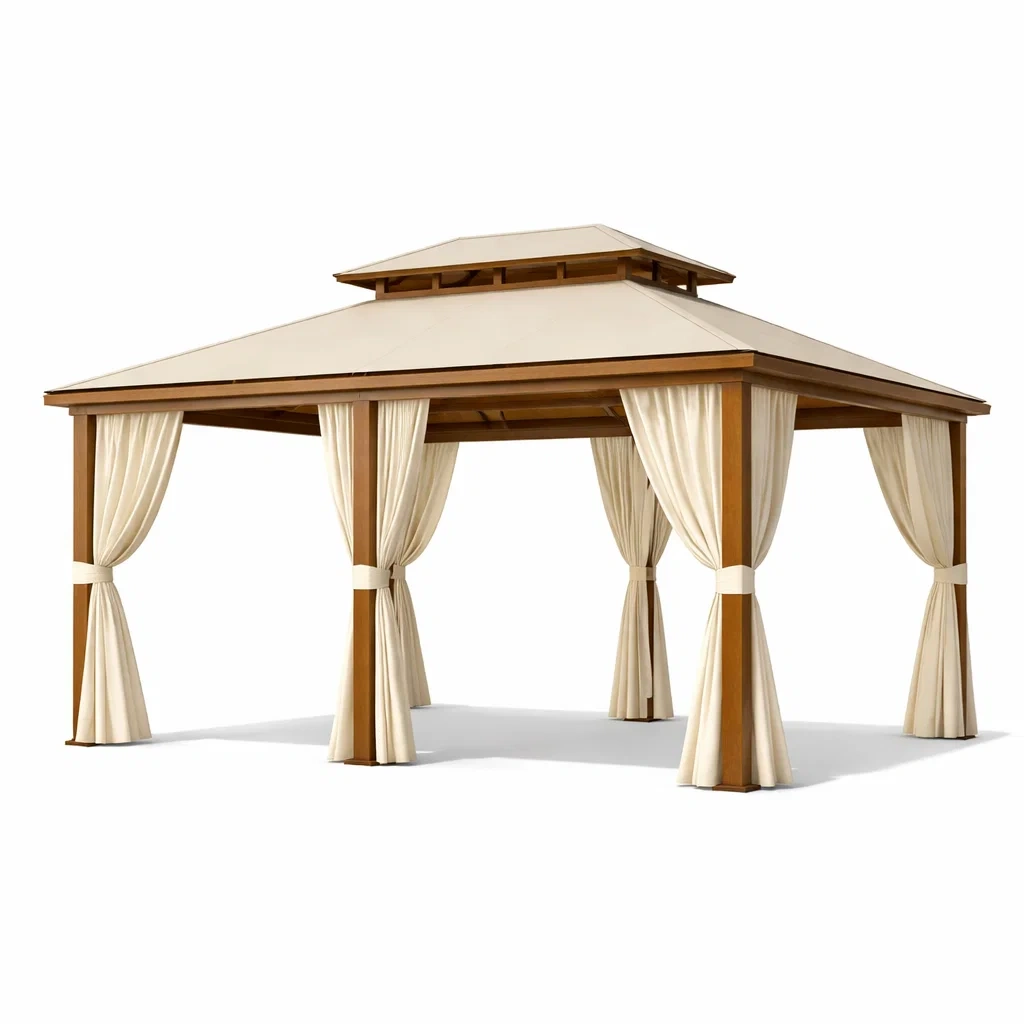 Pavillon en bois et aluminium avec toit en polyester beige-WARMDECORLIVING