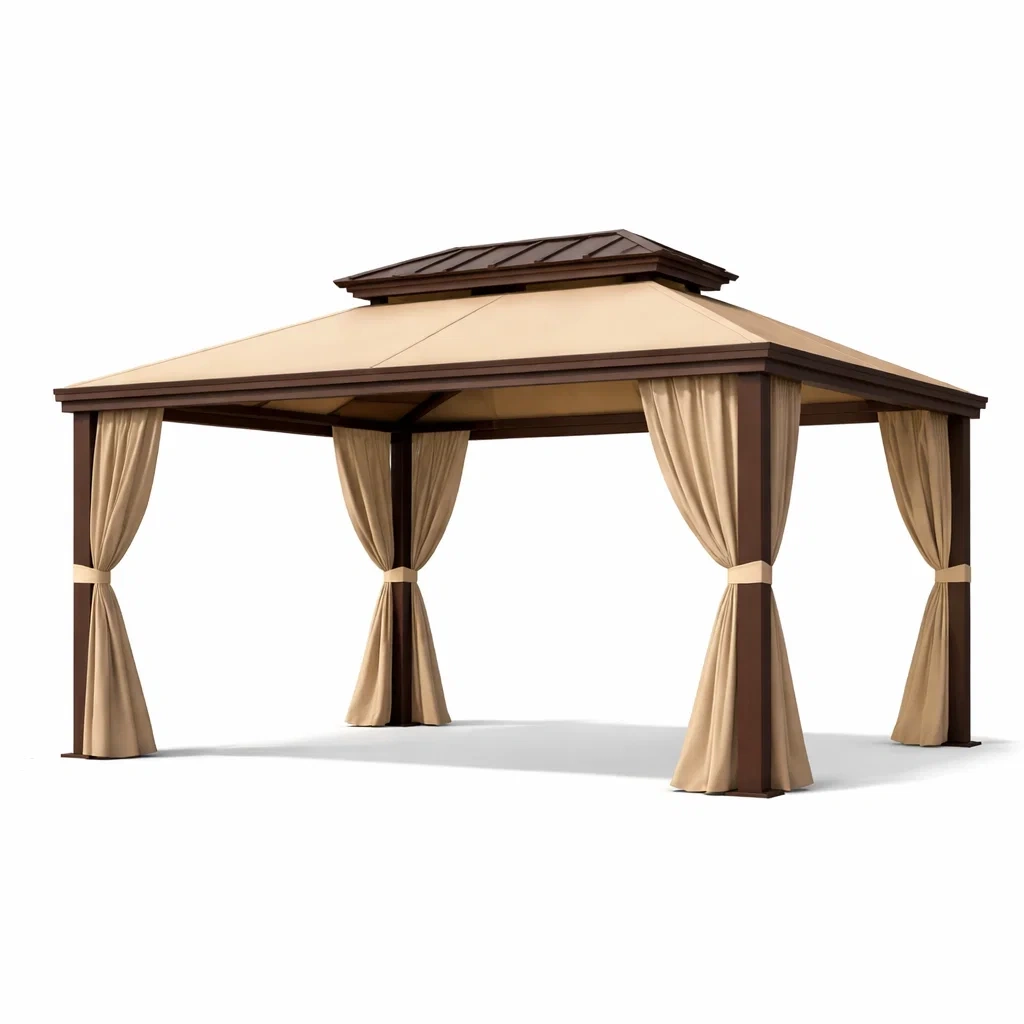Pavillon de jardin en aluminium avec toit en acier et rideaux beige-WARMDECORLIVING