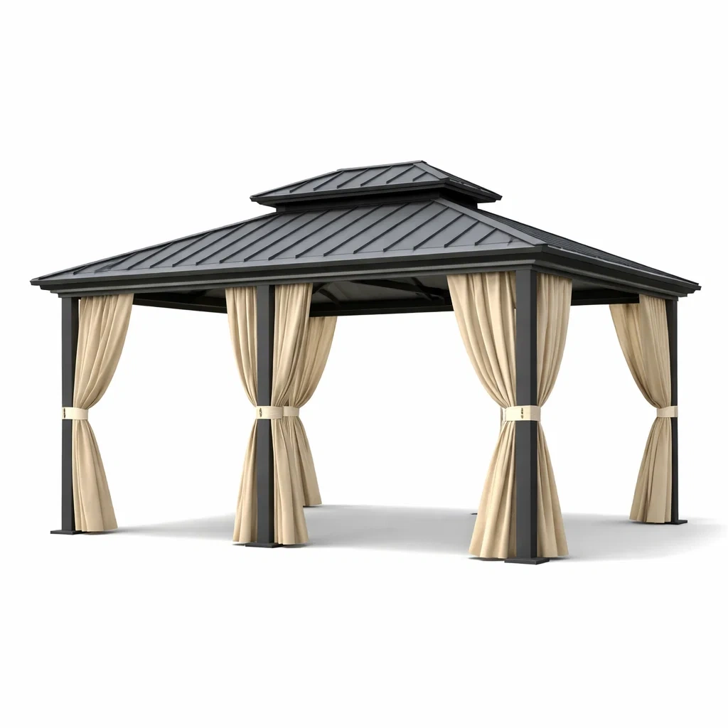 Pavillon de jardin en métal gris avec rideaux en polyester beige-WARMDECORLIVING