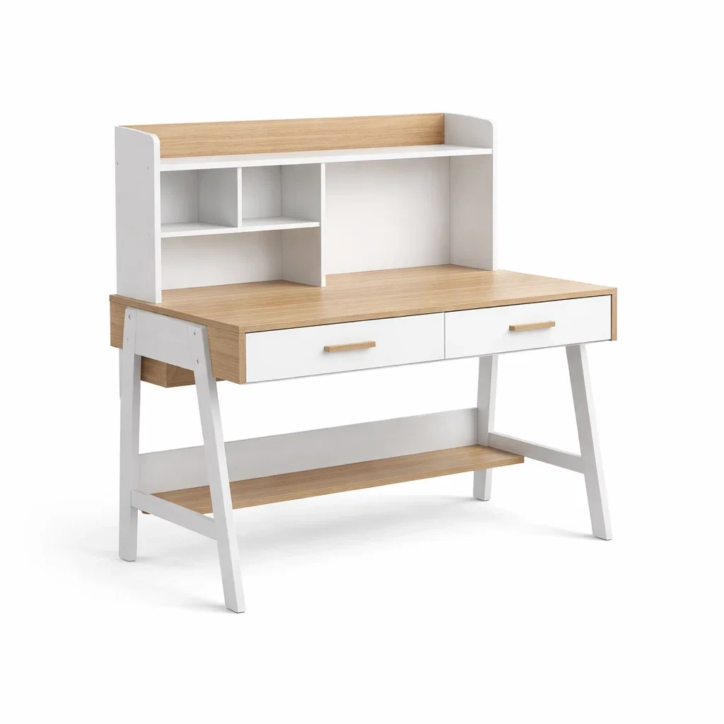 Bureau en bois et mdf avec étagère et tiroirs blanc et chêne-ELEGANTROOMcraft