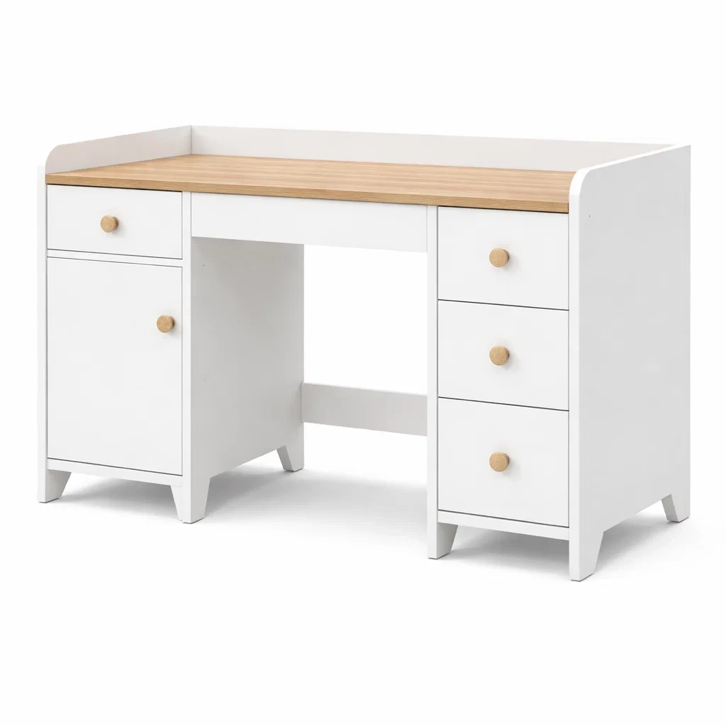 Bureau en bois mélaminé blanc avec tiroirs et placard-ELEGANTROOMcraft