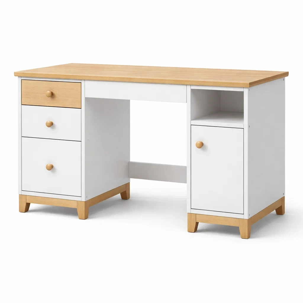 Bureau en mdf blanc et bois avec tiroirs et placard bureau-ELEGANTROOMcraft