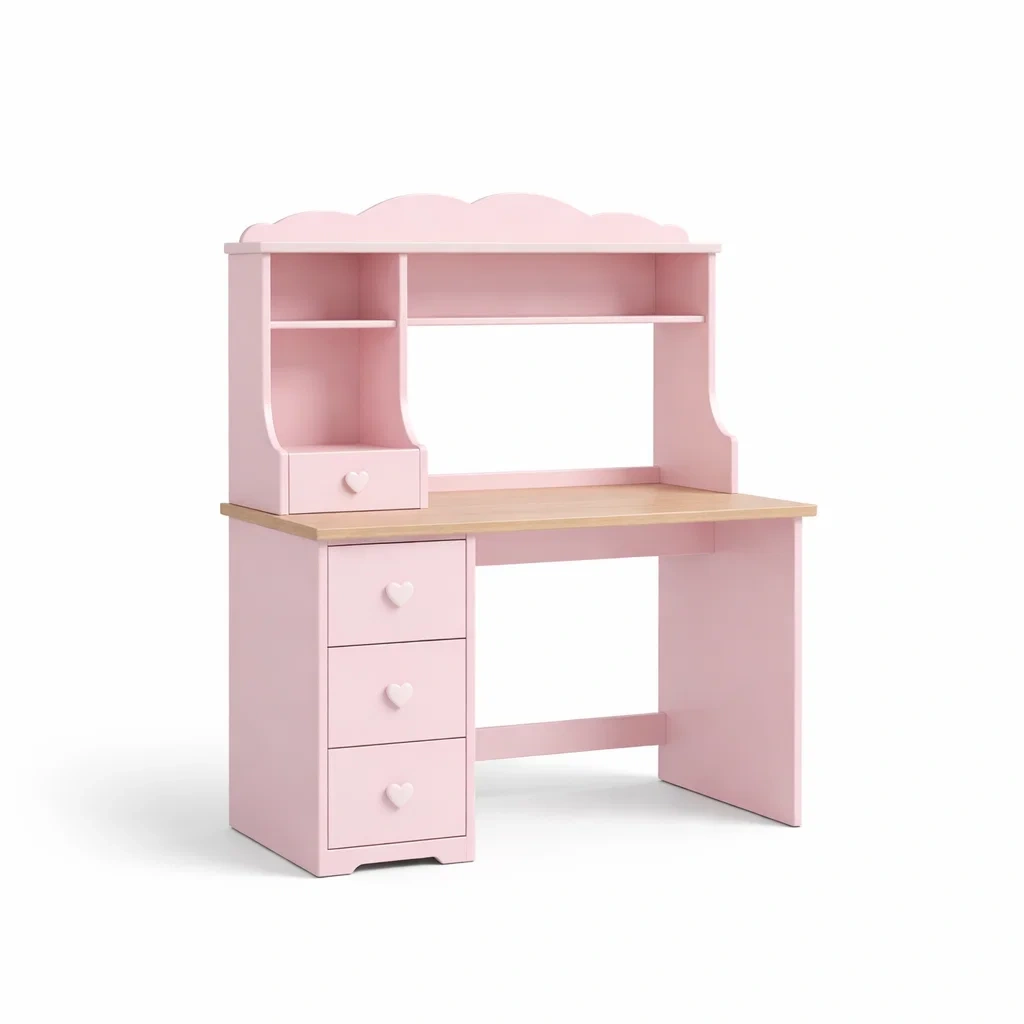 Bureau enfant en bois mdf avec étagères et tiroirs roses bureau-ELEGANTROOMcraft