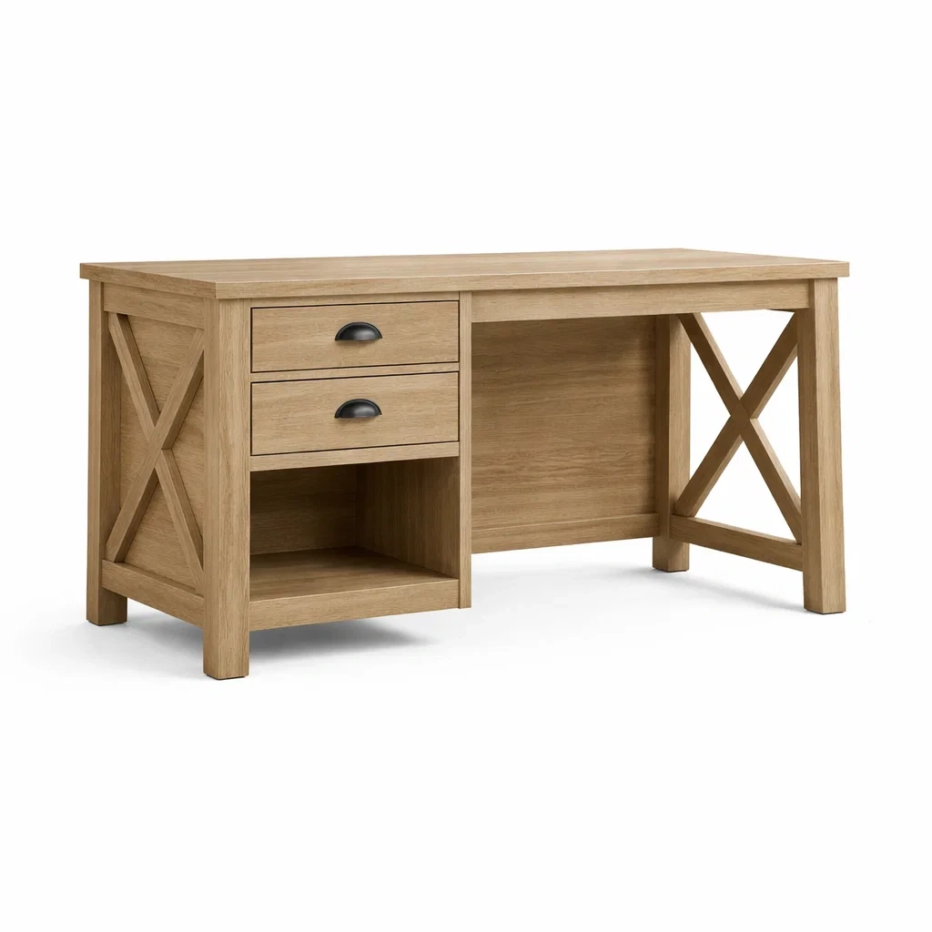 Bureau en bois de chêne clair avec tiroirs et rangement-ELEGANTROOMcraft