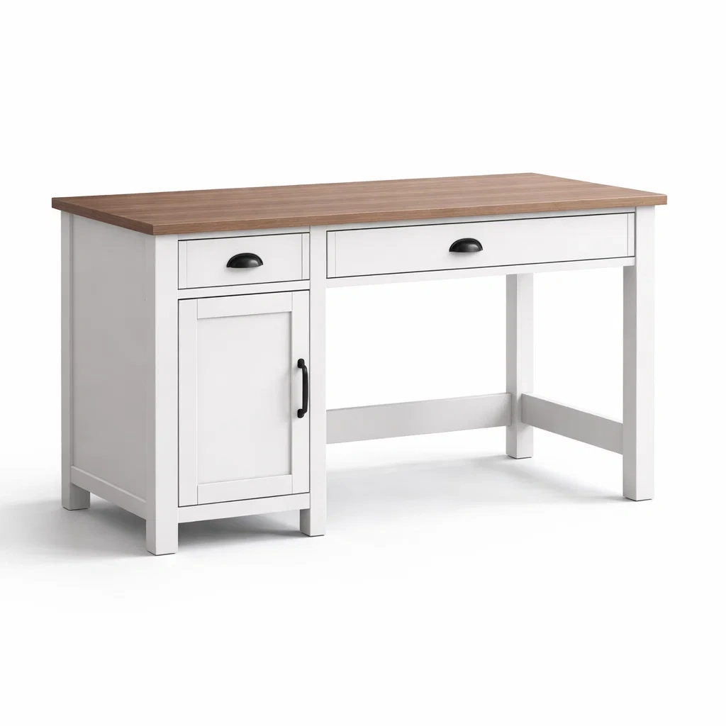 Bureau en bois blanc et chêne avec tiroirs et compartiment bureau-ELEGANTROOMcraft