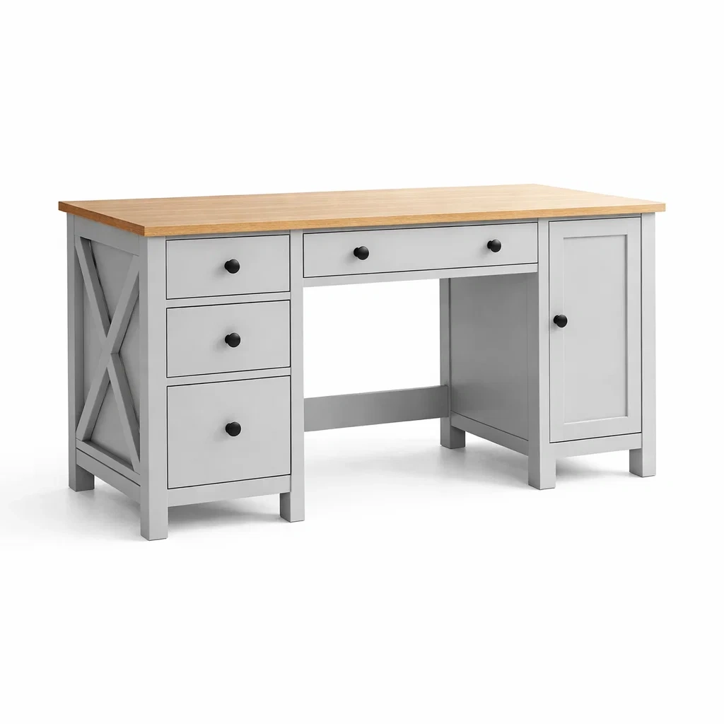 Bureau en bois mdf et chêne avec tiroirs et porte bureau-ELEGANTROOMcraft
