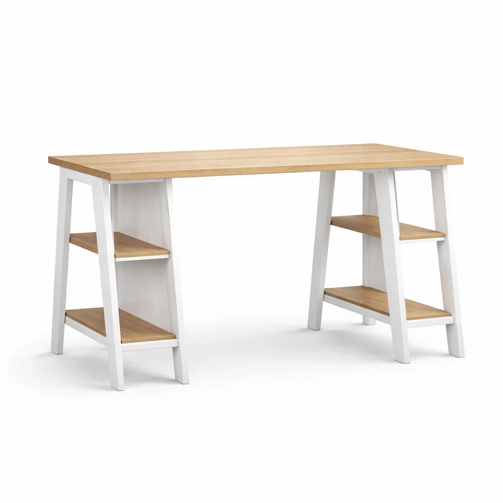 Bureau en bois blanc et chêne avec étagères intégrées bureau-ELEGANTROOMcraft