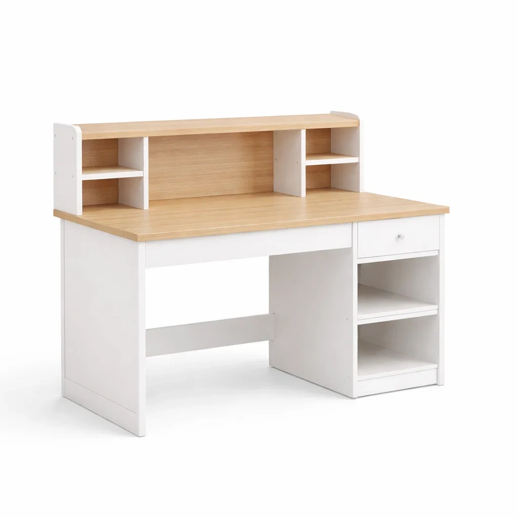 Bureau en mdf blanc et bois avec étagères et tiroir-ELEGANTROOMcraft