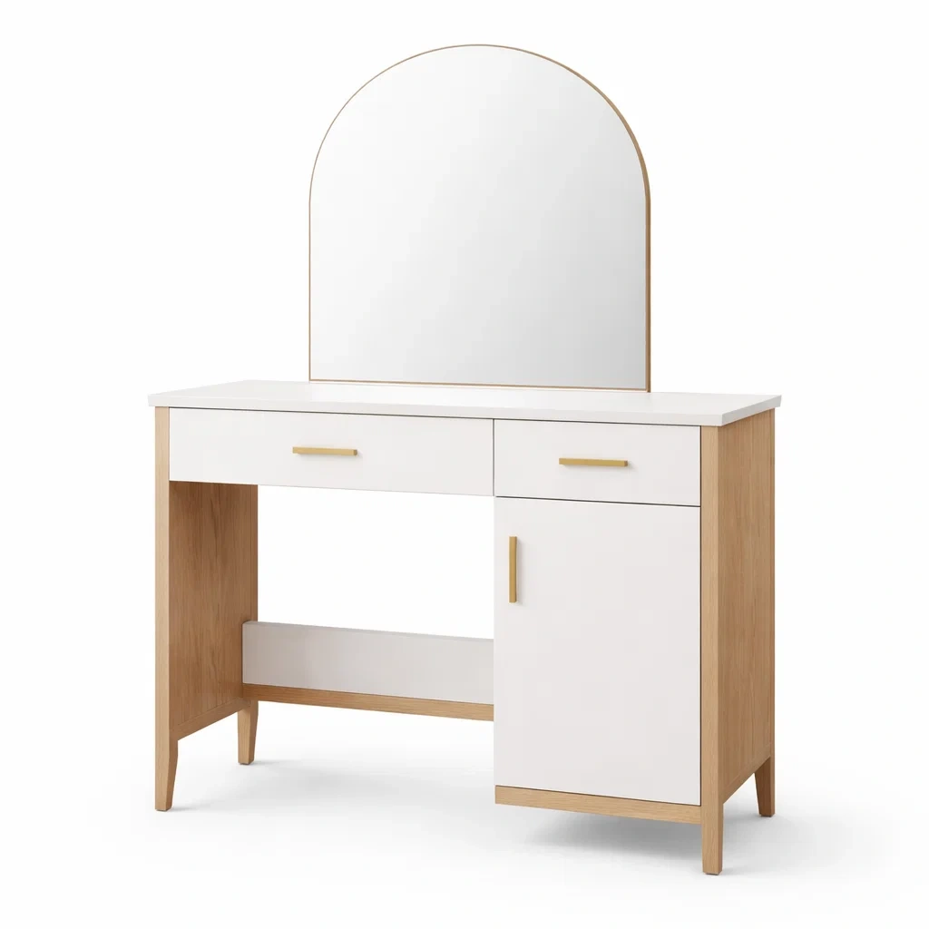 Coiffeuse en bois mdf blanc et chêne avec miroir arqué et tiroirs-ELEGANTROOMcraft