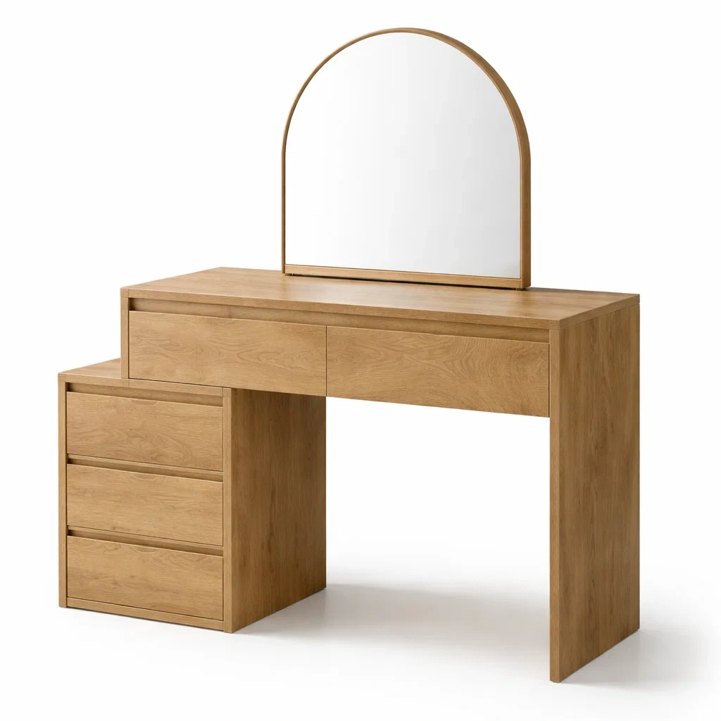 Coiffeuse en bois de chêne avec miroir arrondi et tiroirs-ELEGANTROOMcraft