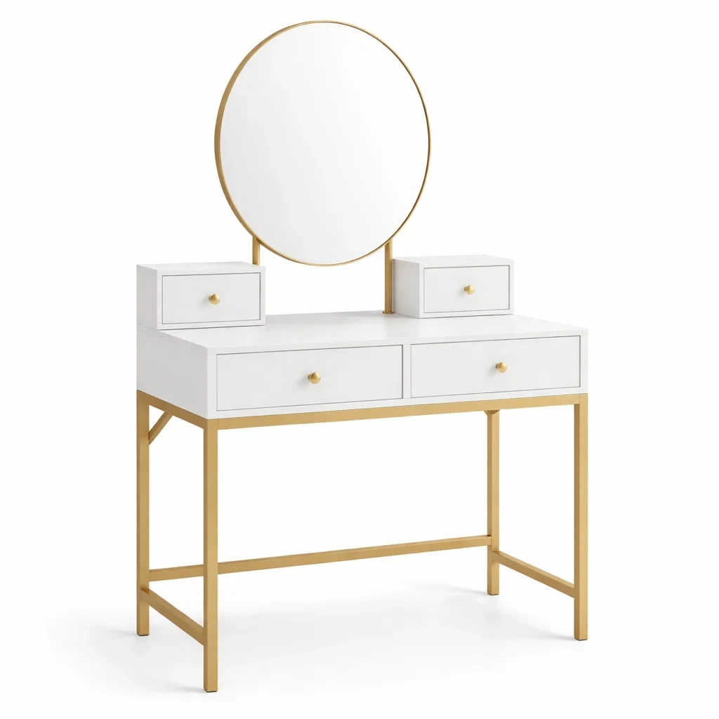 Coiffeuse en bois et métal avec miroir rond et tiroirs-ELEGANTROOMcraft