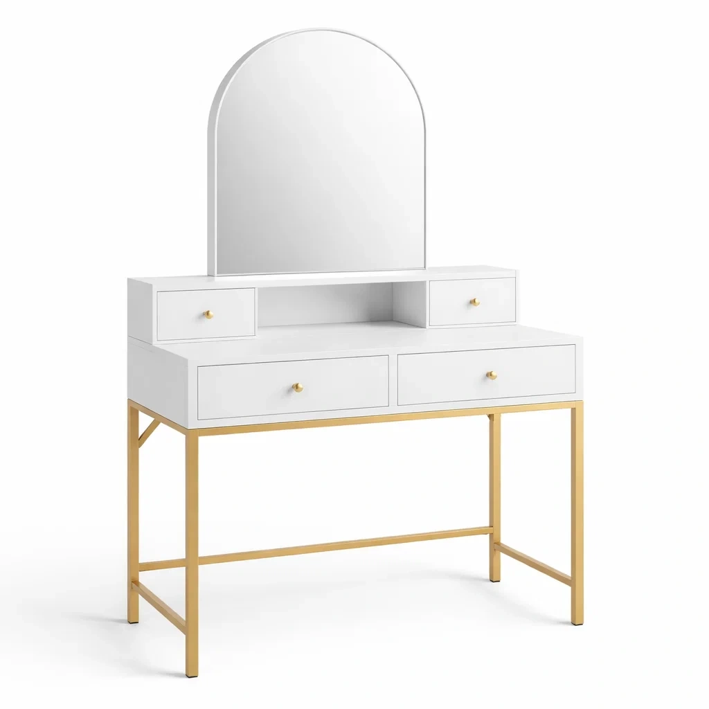 Coiffeuse en bois blanc avec miroir en arc et pieds en métal doré-ELEGANTROOMcraft