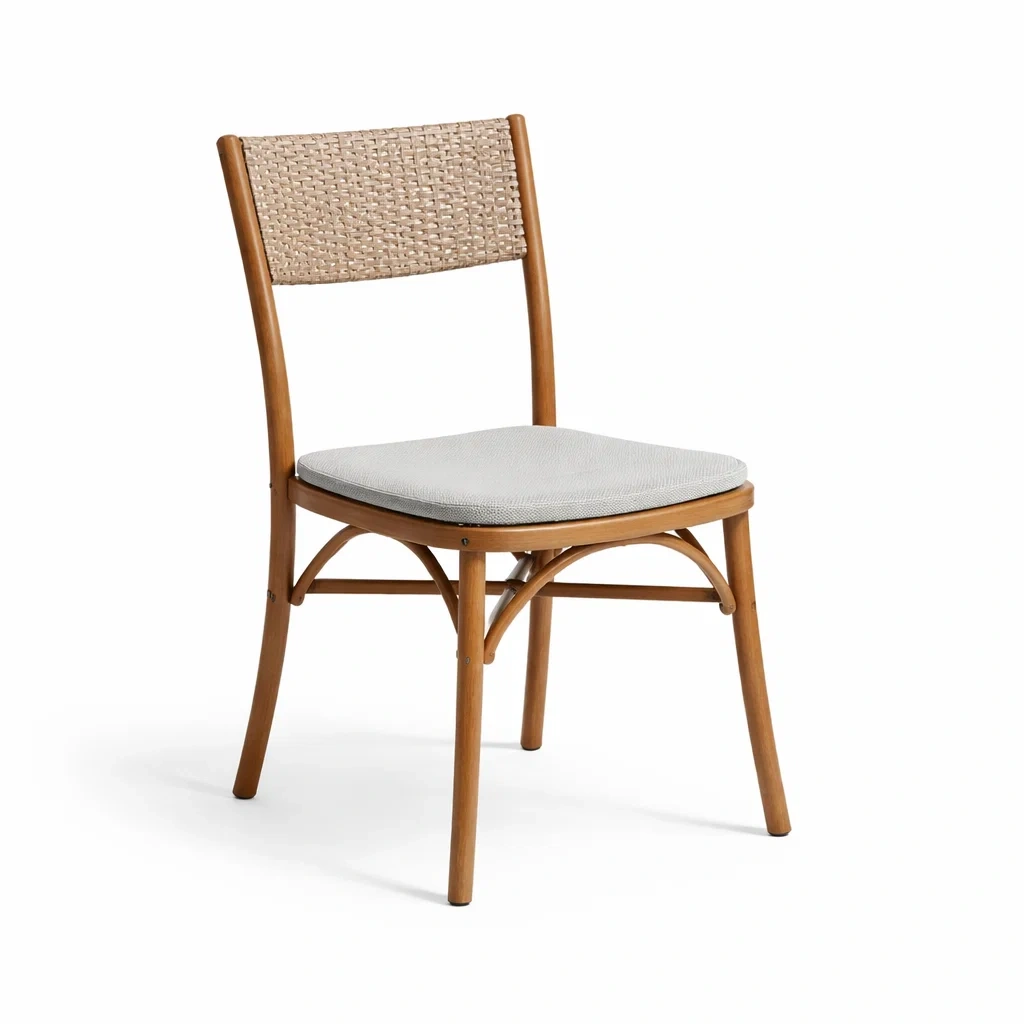 Chaises de salle à manger en bois d'hévéa et rotin avec coussin en polyester gris-ELEGANTROOMcraft