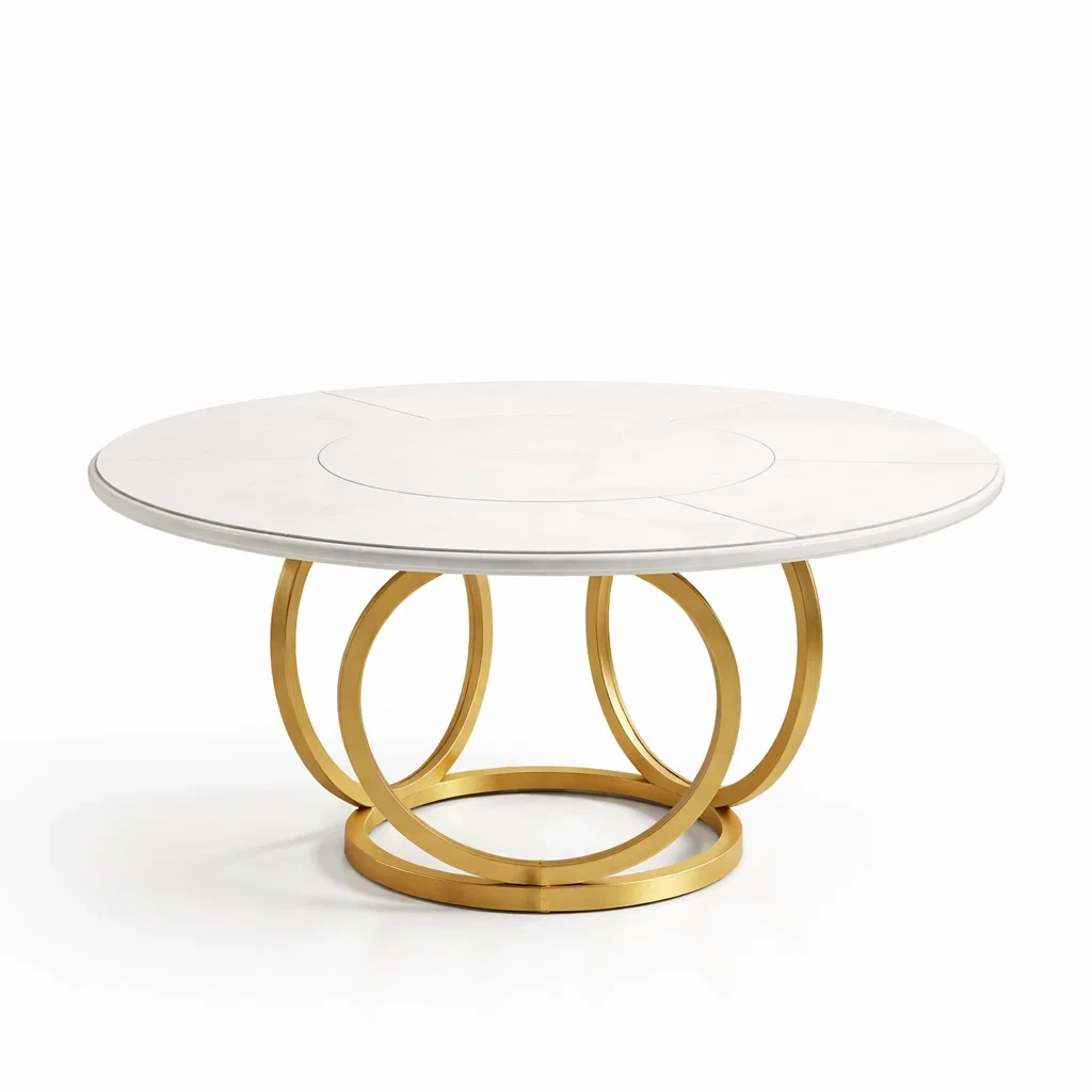Table à manger ronde en marbre et métal doré-ELEGANTROOMcraft
