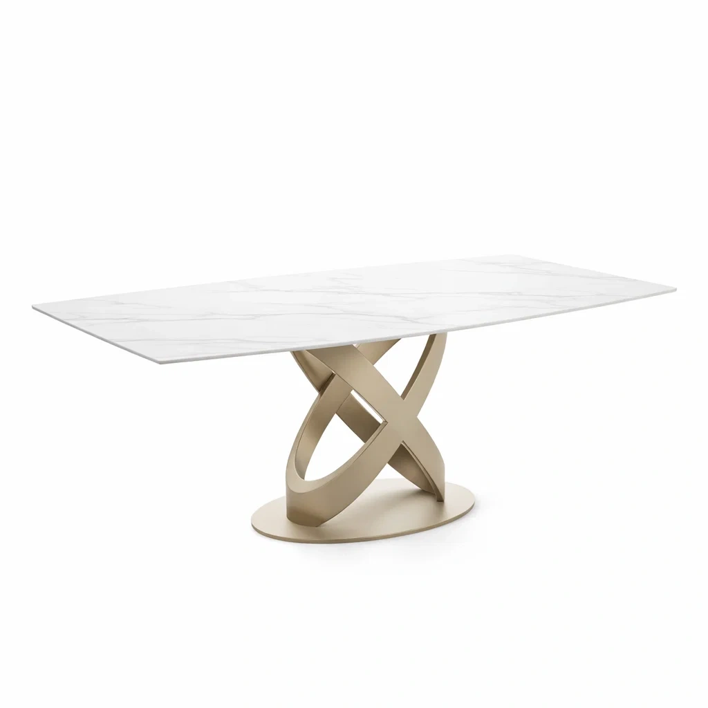 Table à manger rectangulaire en céramique effet marbre avec pieds en métal doré-ELEGANTROOMcraft