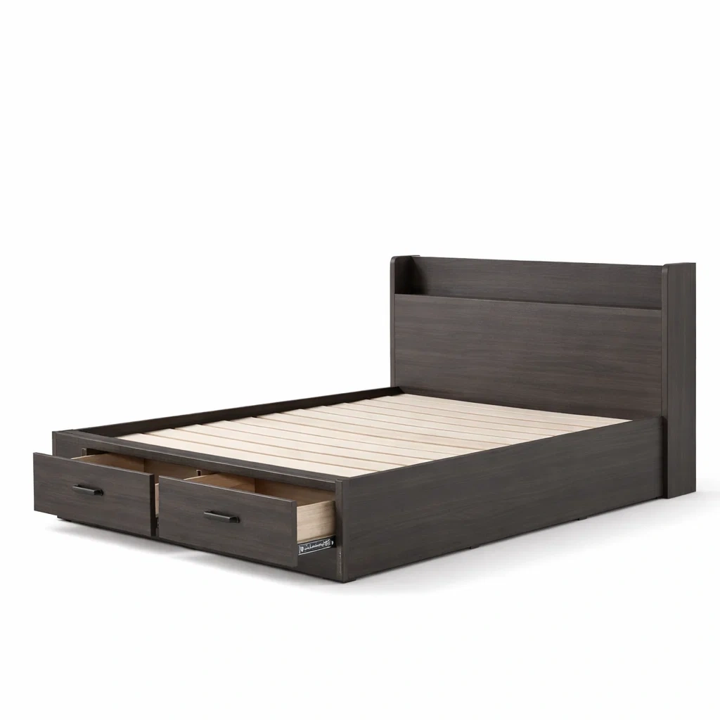 Lit avec rangement en bois marron avec tiroirs-ELEGANTROOMcraft