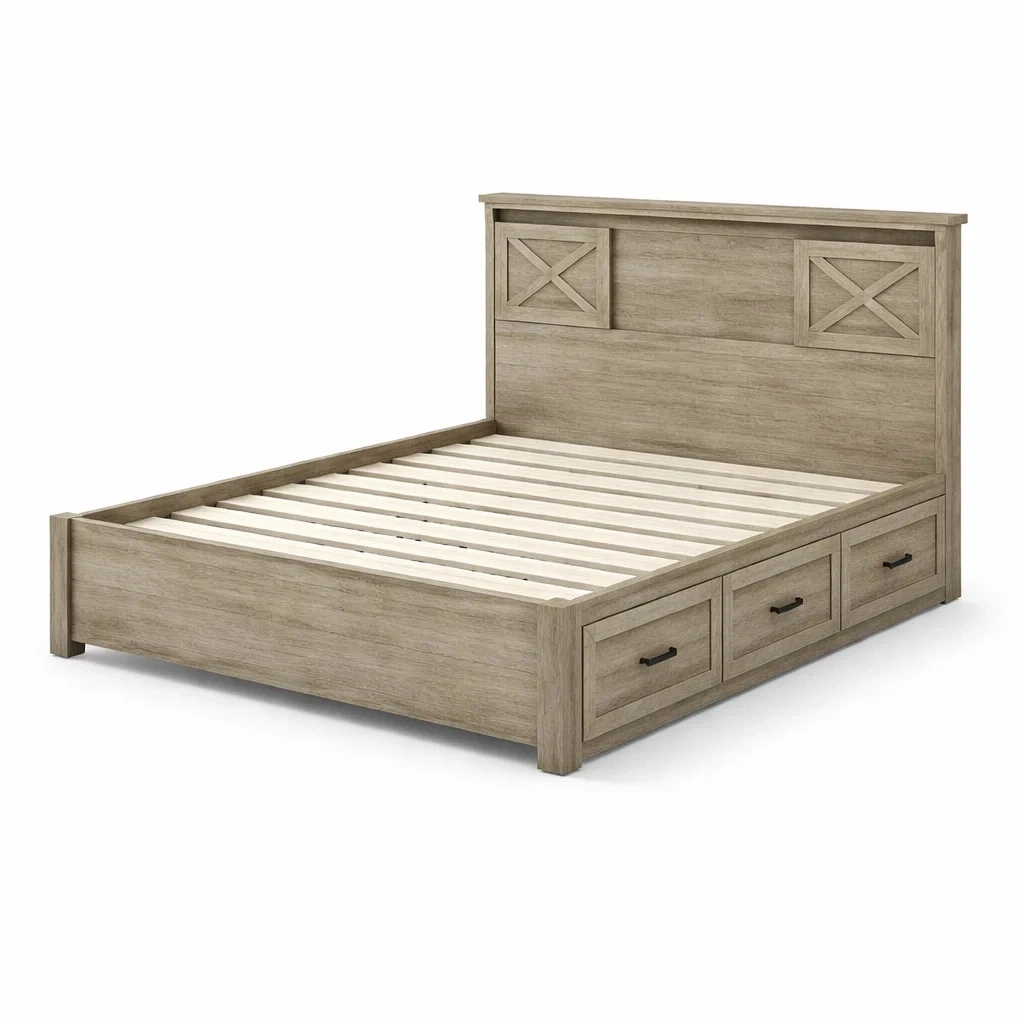 Lit avec rangement en bois chêne clair avec tiroirs-ELEGANTROOMcraft