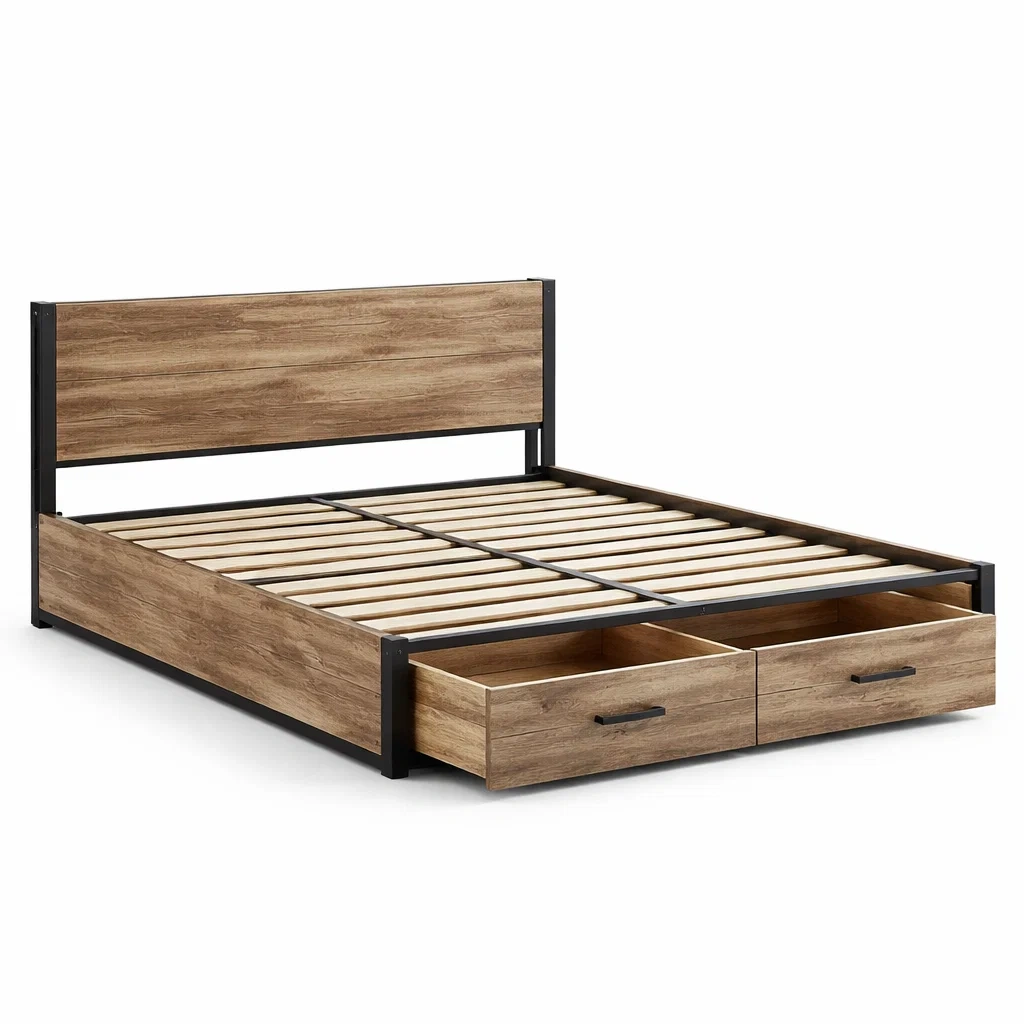 Lit avec rangement en bois et métal chêne et noir avec tiroirs-ELEGANTROOMcraft