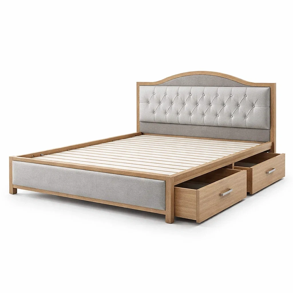 Lit avec rangement en bois avec tiroirs et tête rembourrée gris-ELEGANTROOMcraft
