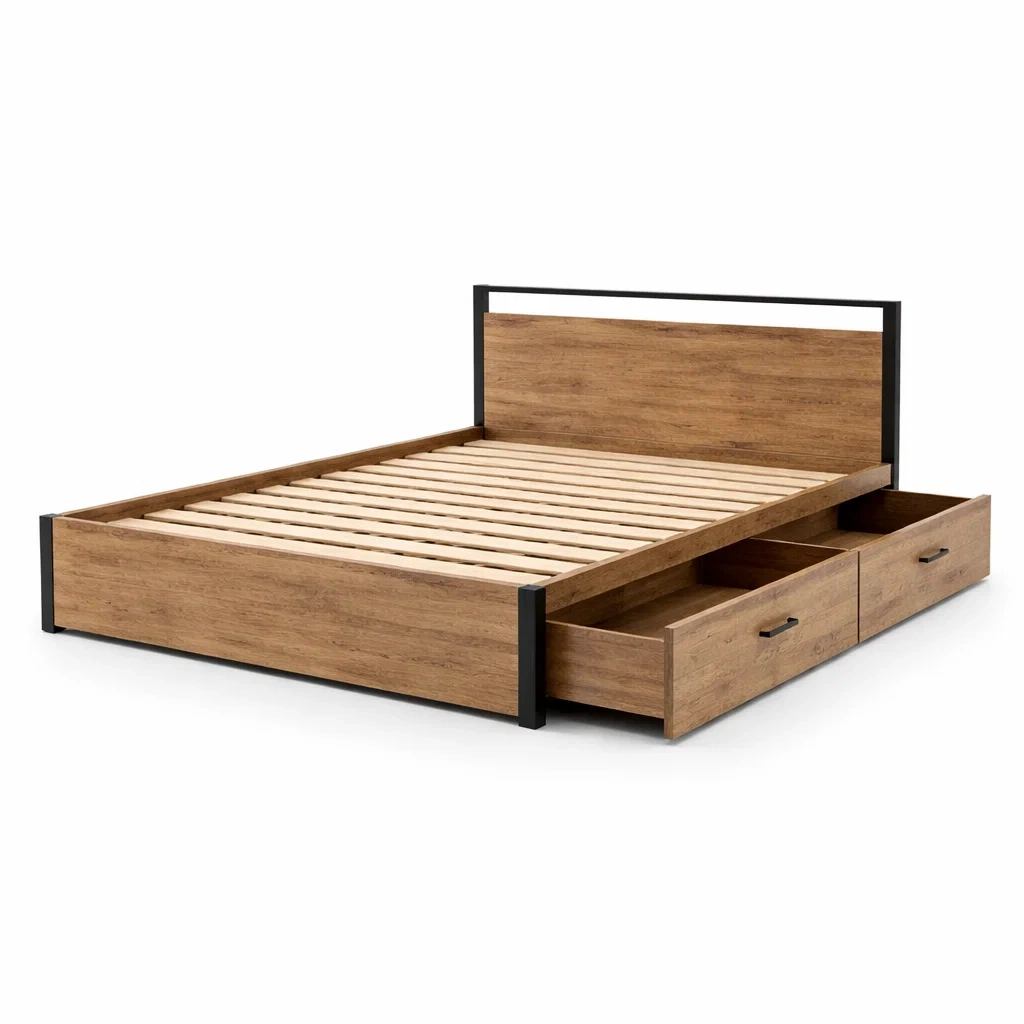 Lit avec rangement en bois et métal brun et noir avec tiroirs-ELEGANTROOMcraft