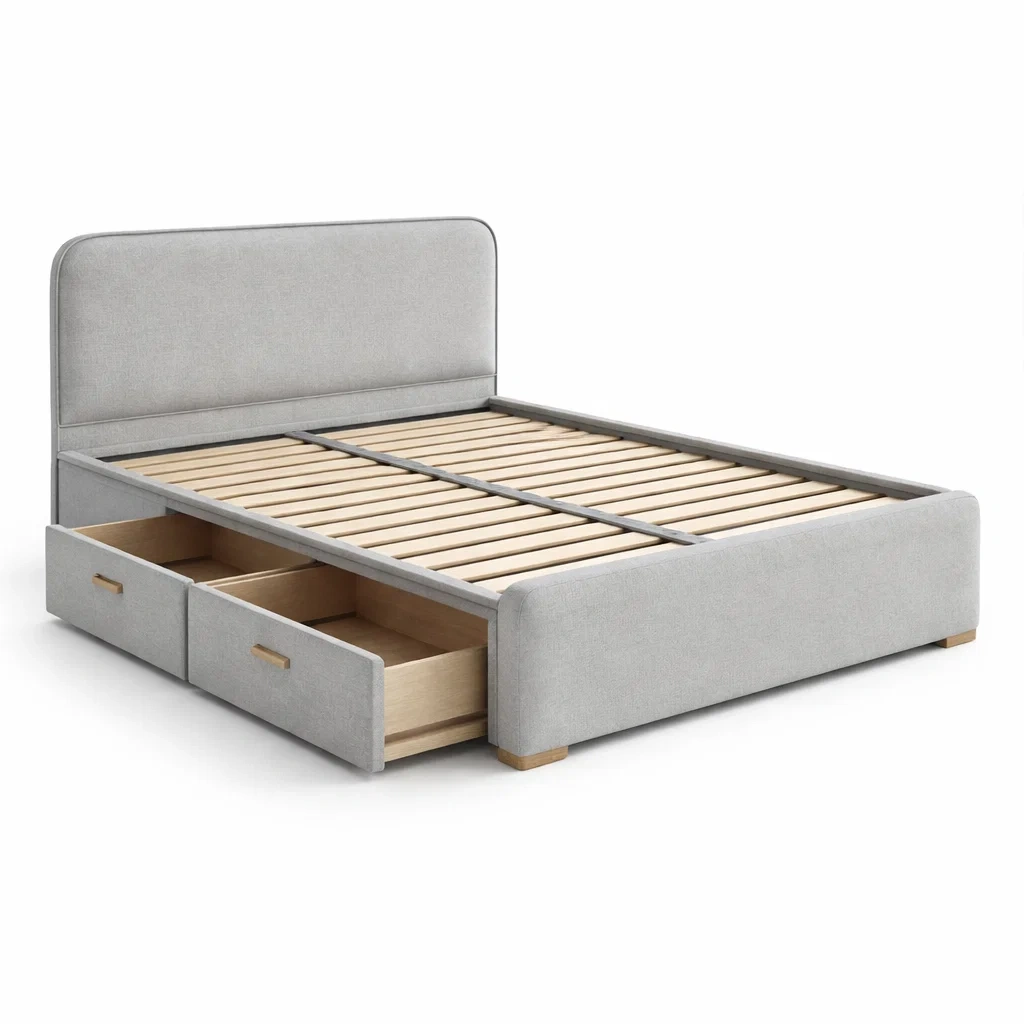 Lit avec rangement en tissu polyester gris avec tête rembourrée-ELEGANTROOMcraft
