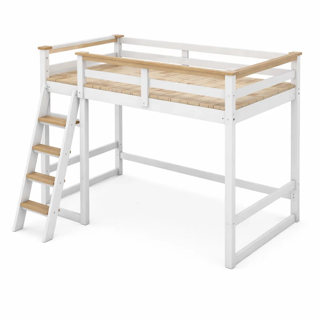 Lit mezzanine en bois massif blanc et naturel avec échelle-ELEGANTROOMcraft