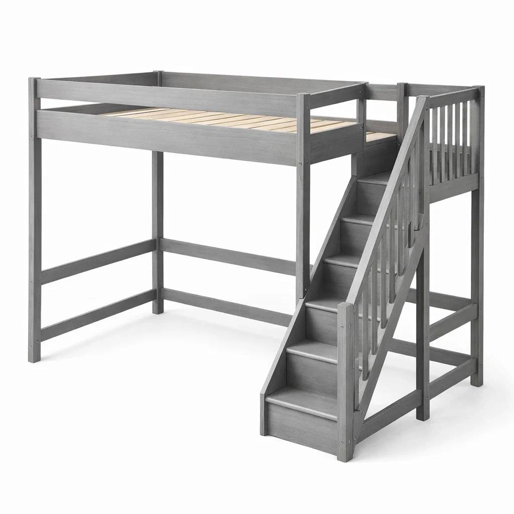 Lit mezzanine en bois avec escalier gris-ELEGANTROOMcraft