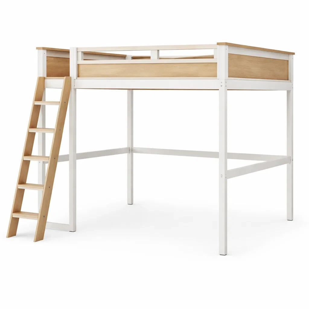 Lit mezzanine en métal et bois blanc et bois avec échelle-ELEGANTROOMcraft