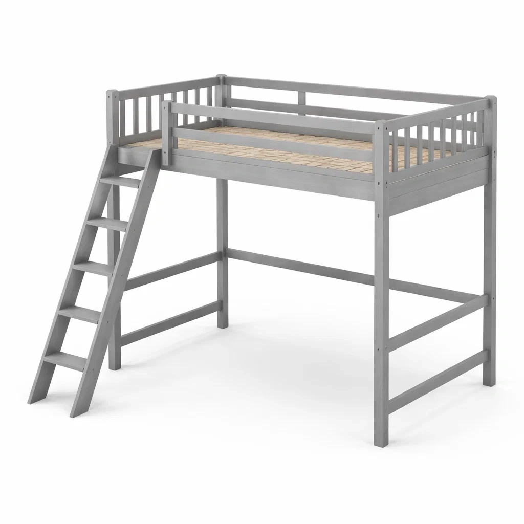 Lit mezzanine enfant en bois massif gris avec échelle-ELEGANTROOMcraft