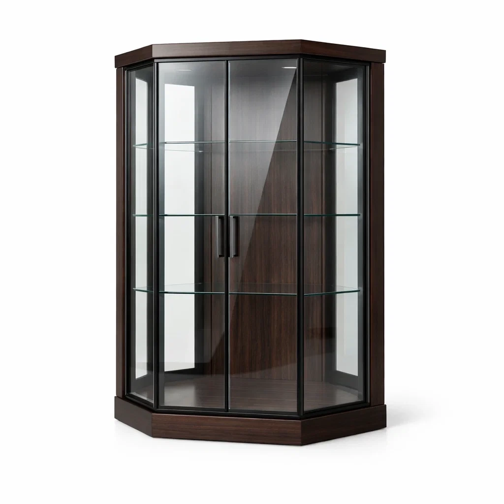 Vitrine d'angle en verre trempé et bois sombre-ELEGANTROOMcraft